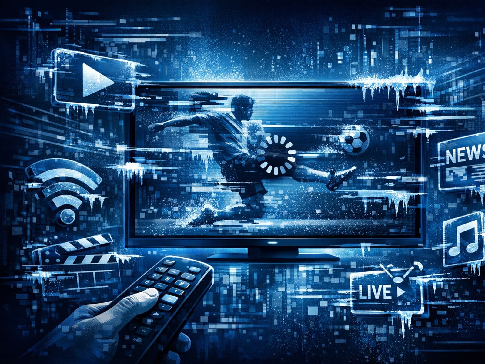 IPTV remote control with buffering symbol on TV screen indicating freezing issue