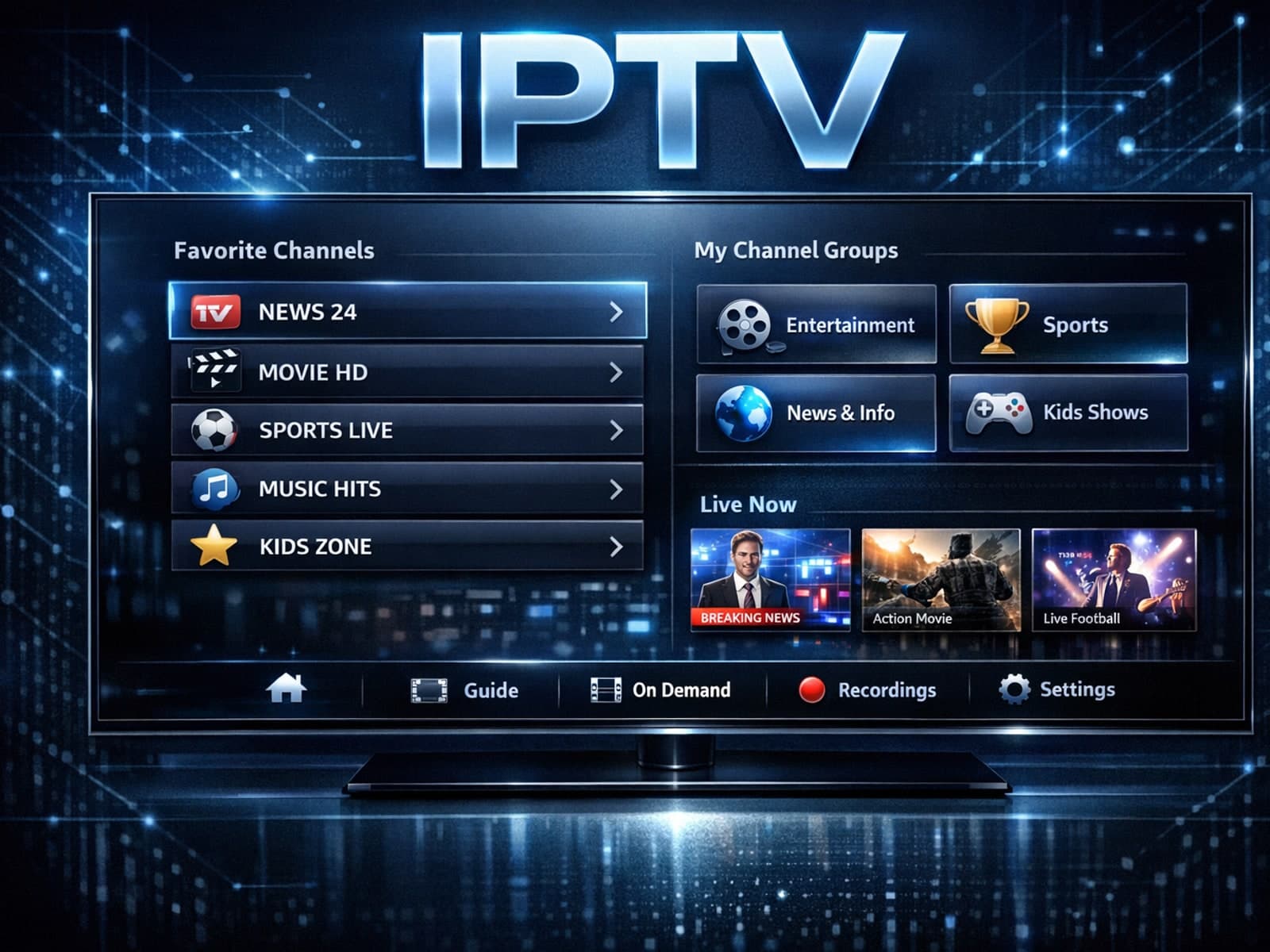Organizing favorites and groups interface on TiviMate IPTV app interface with a dark blue theme