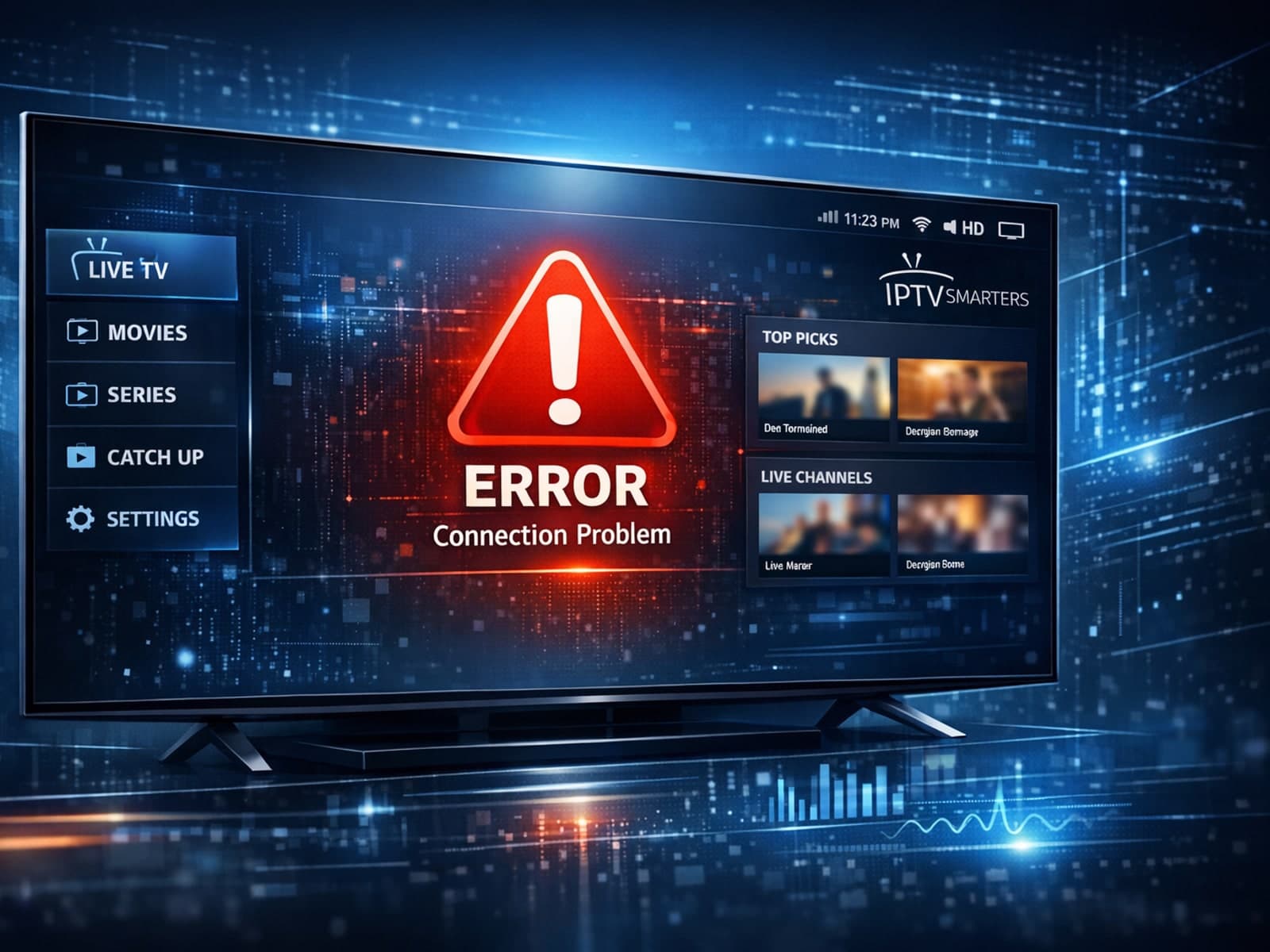 Digital illustration of a streaming app interface with an error icon on a dark blue IPTV-themed background