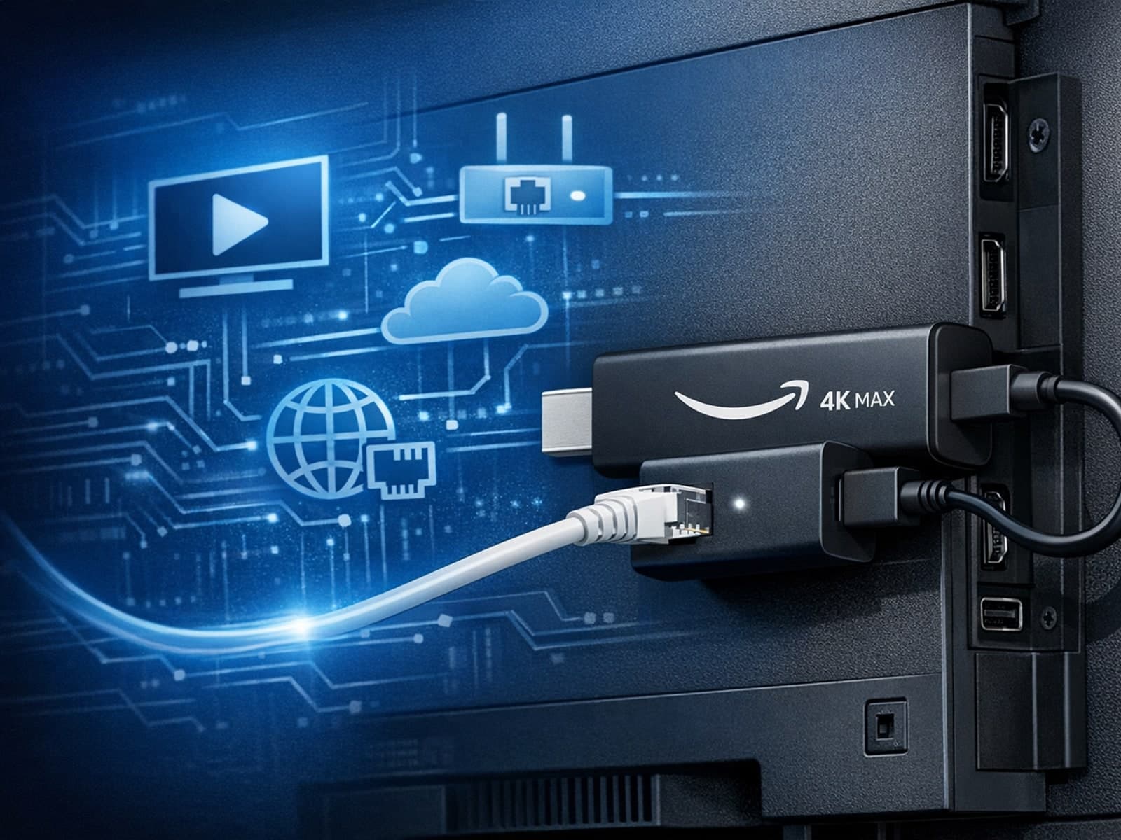 Fire TV Stick 4K Max connected to an Ethernet adapter with streaming interface on TV screen