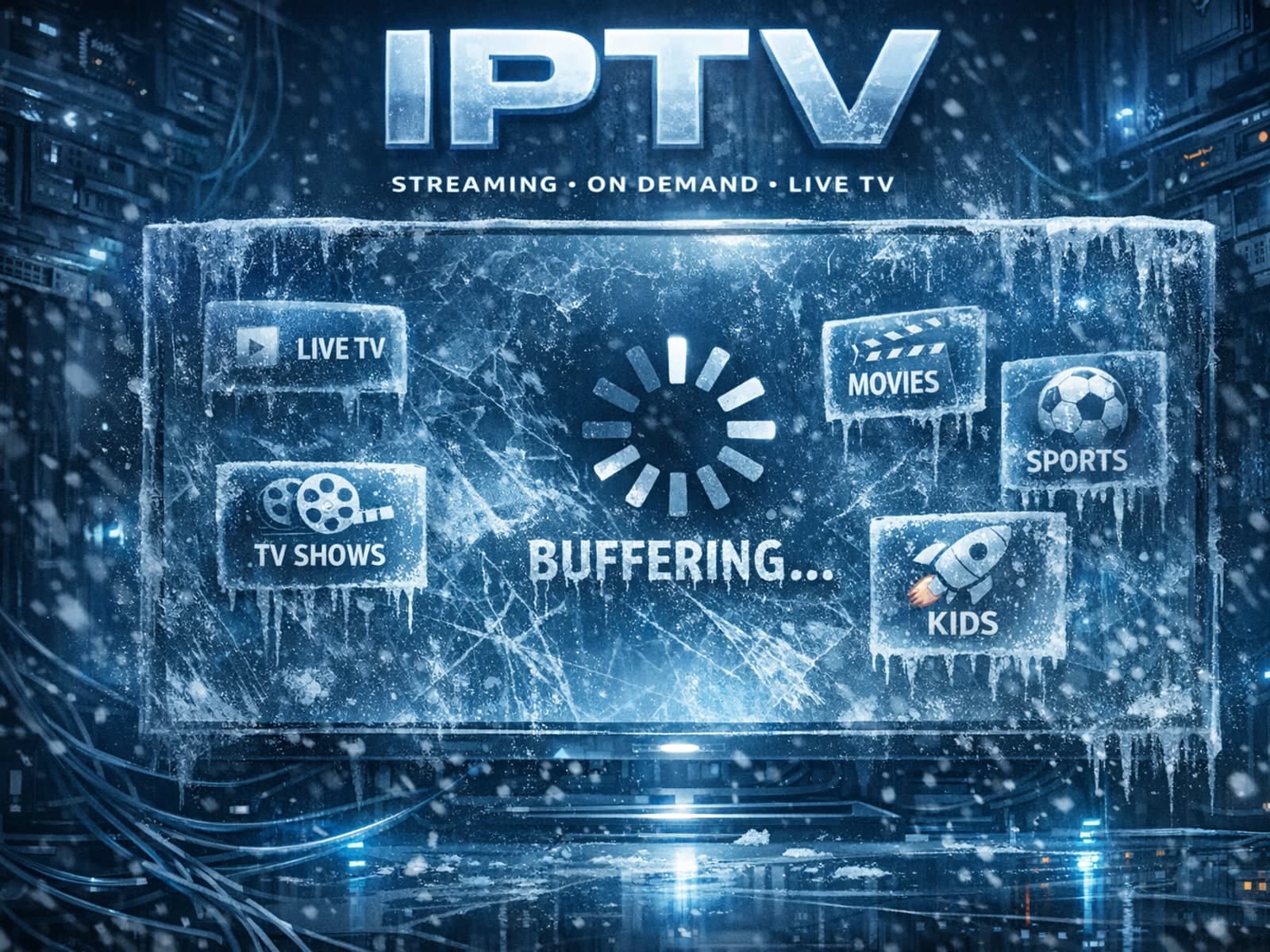 Smart TV showing IPTV streaming interface with frozen screen during channel change