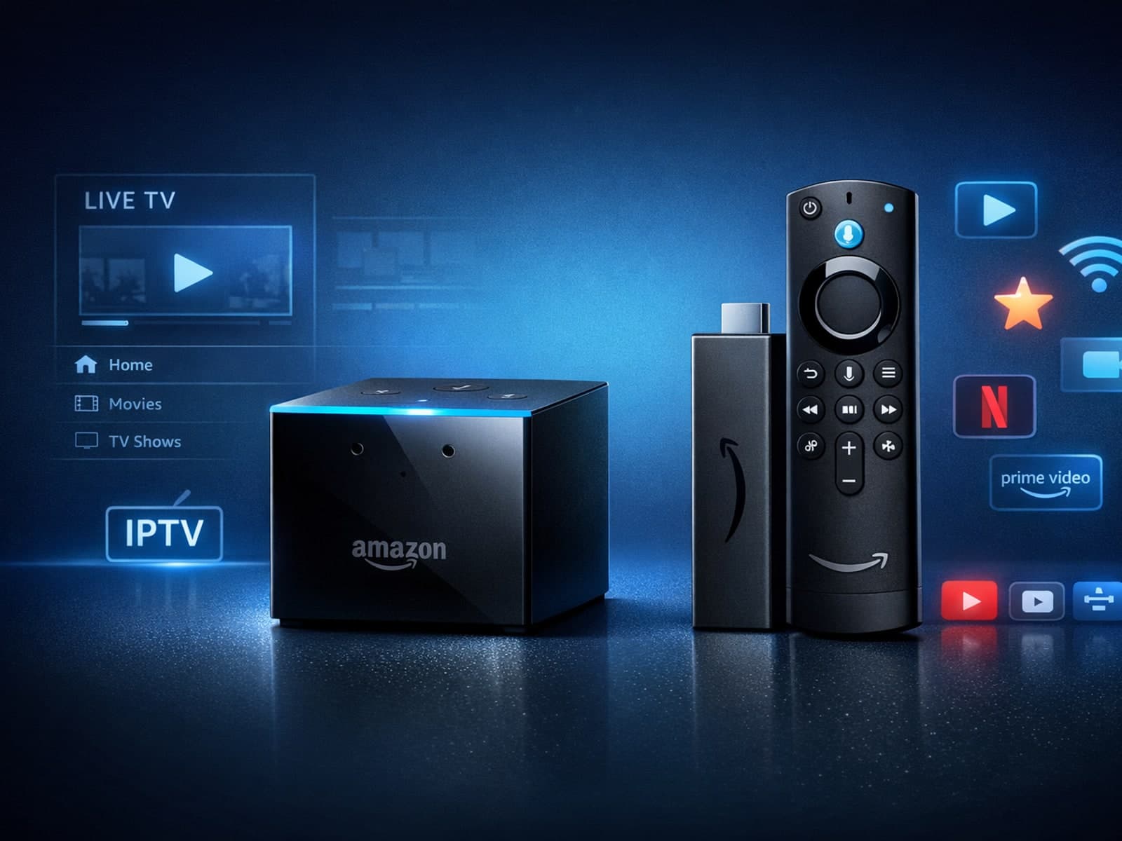 Fire TV Cube and Fire TV Stick 4K Max side by side with IPTV graphics on dark blue background