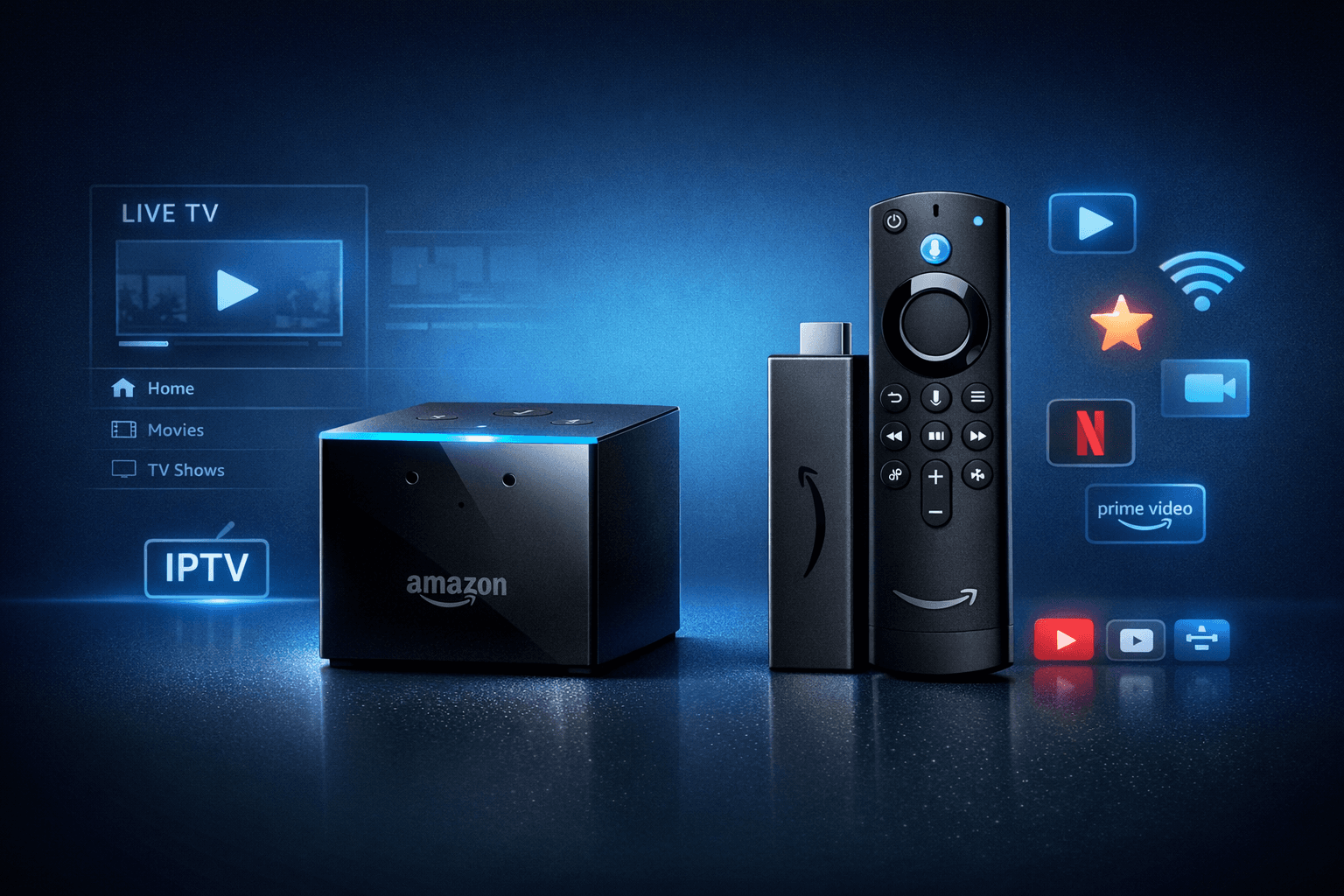 Fire TV Cube and Fire TV Stick 4K Max side by side with IPTV graphics on dark blue background