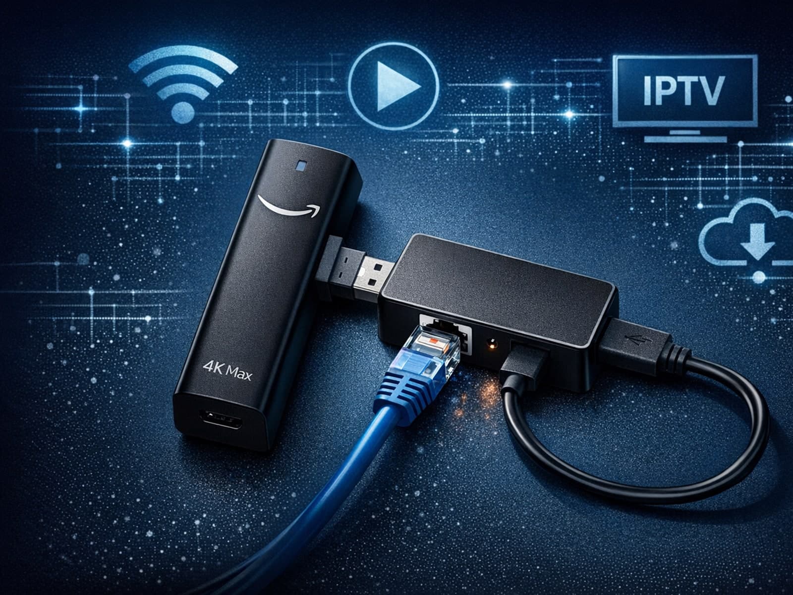 Fire TV Stick 4K Max connected to Ethernet adapter with network cable
