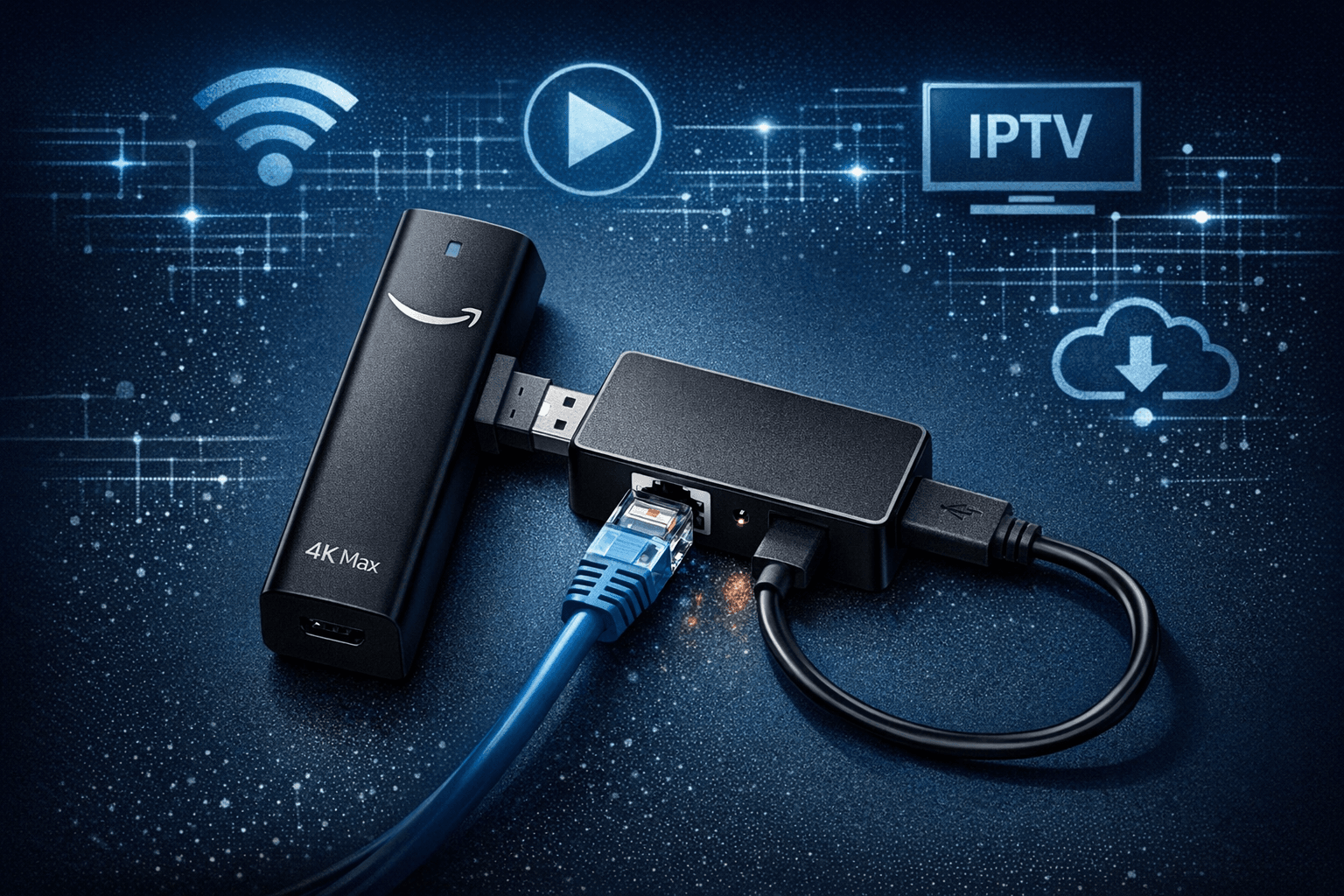 Fire TV Stick 4K Max connected to Ethernet adapter with network cable