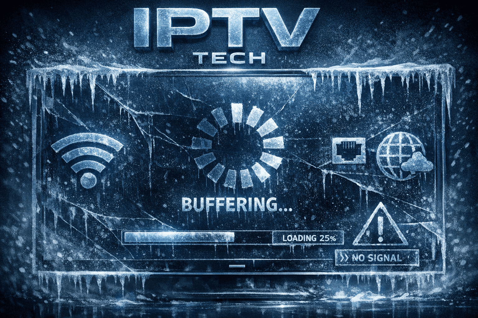 Frozen IPTV screen during channel switching illustrating buffering delay