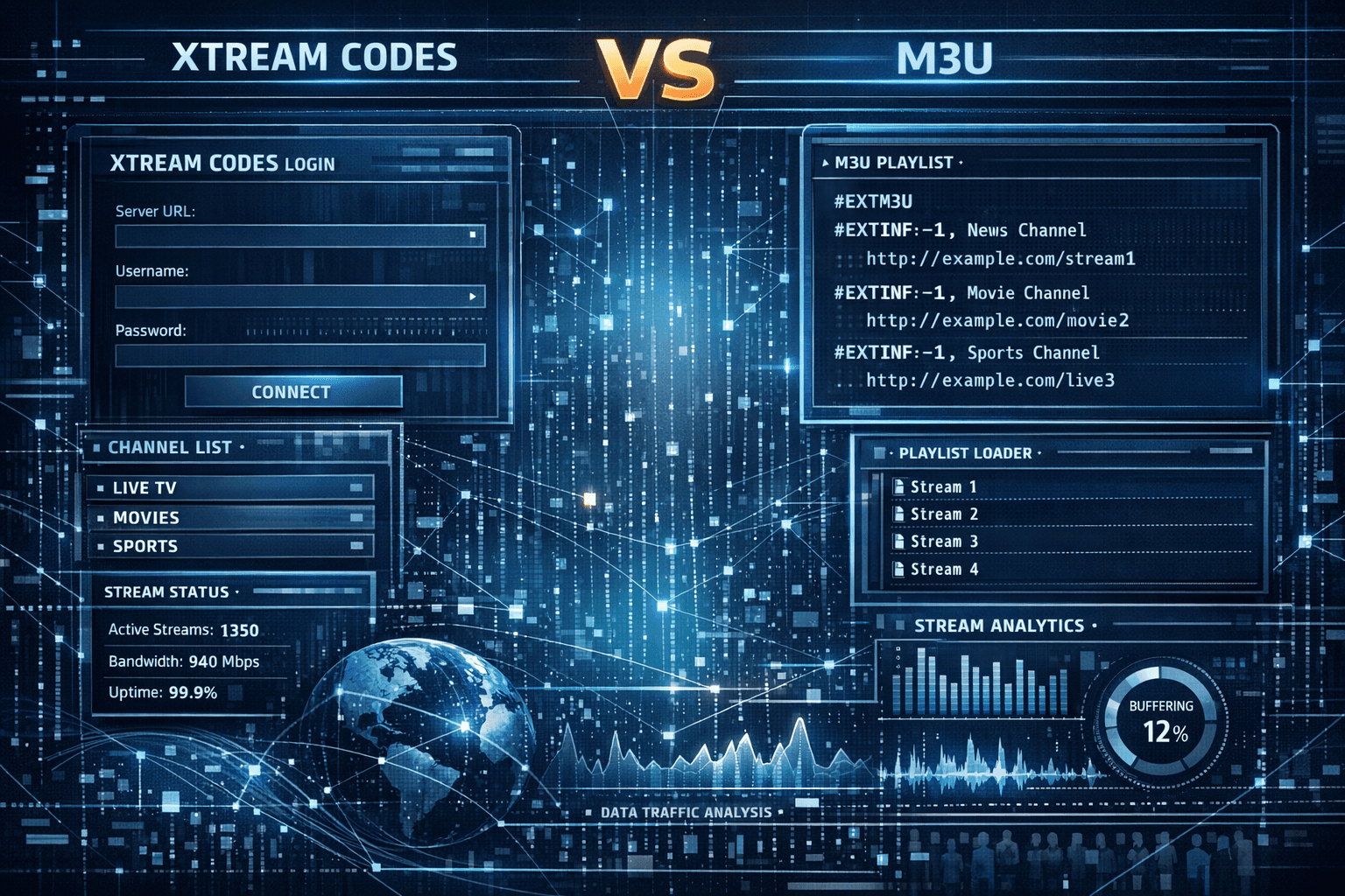Comparison of IPTV playlist types showing Xtream Codes login and M3U file icons