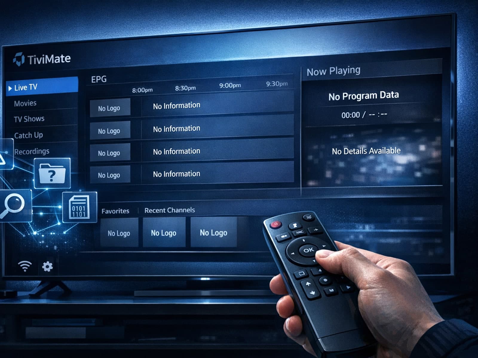 TiviMate app interface showing channels with and without logos
