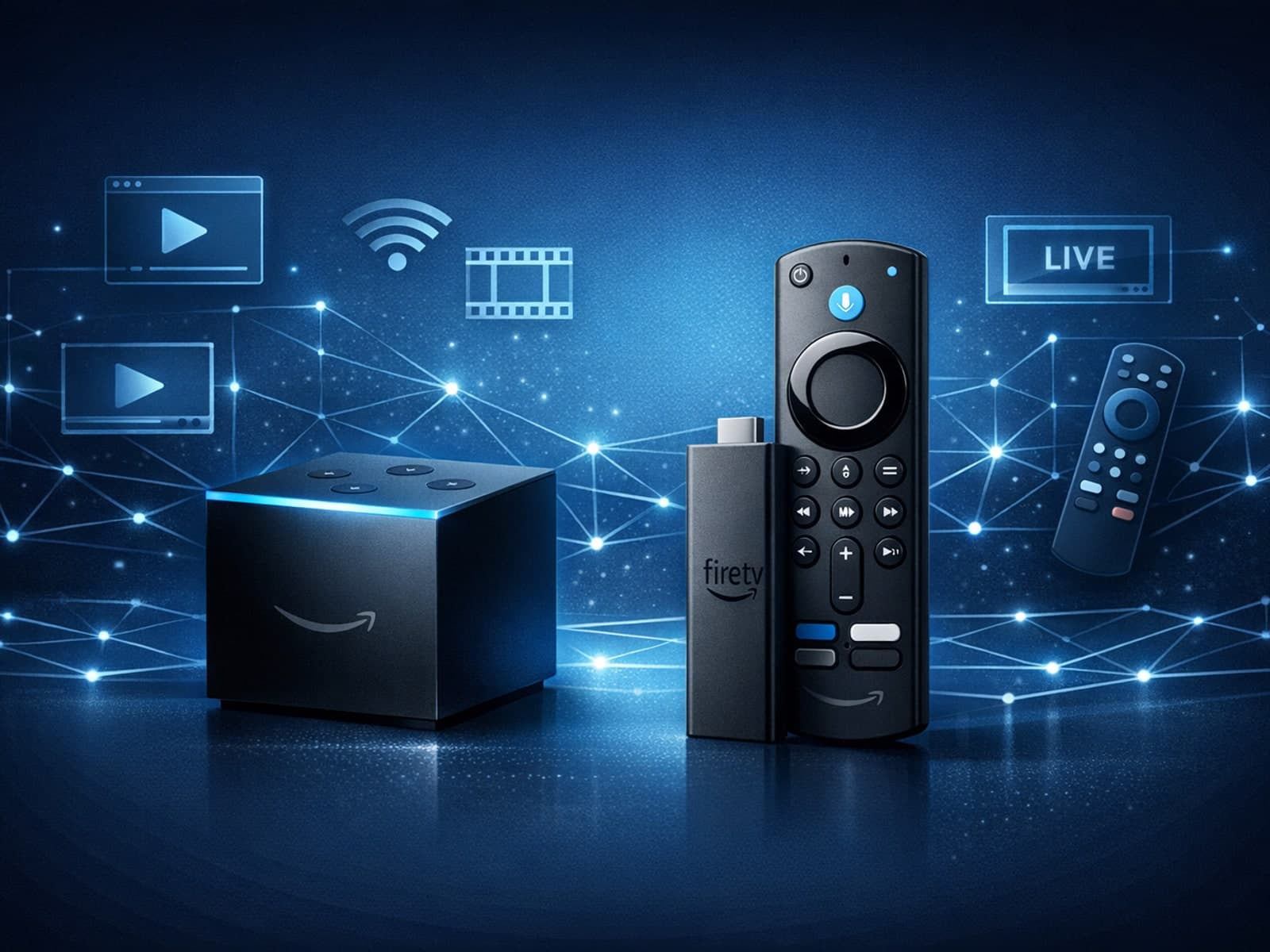 Amazon Fire TV Cube and Fire TV Stick 4K Max devices side by side with IPTV streaming interfaces