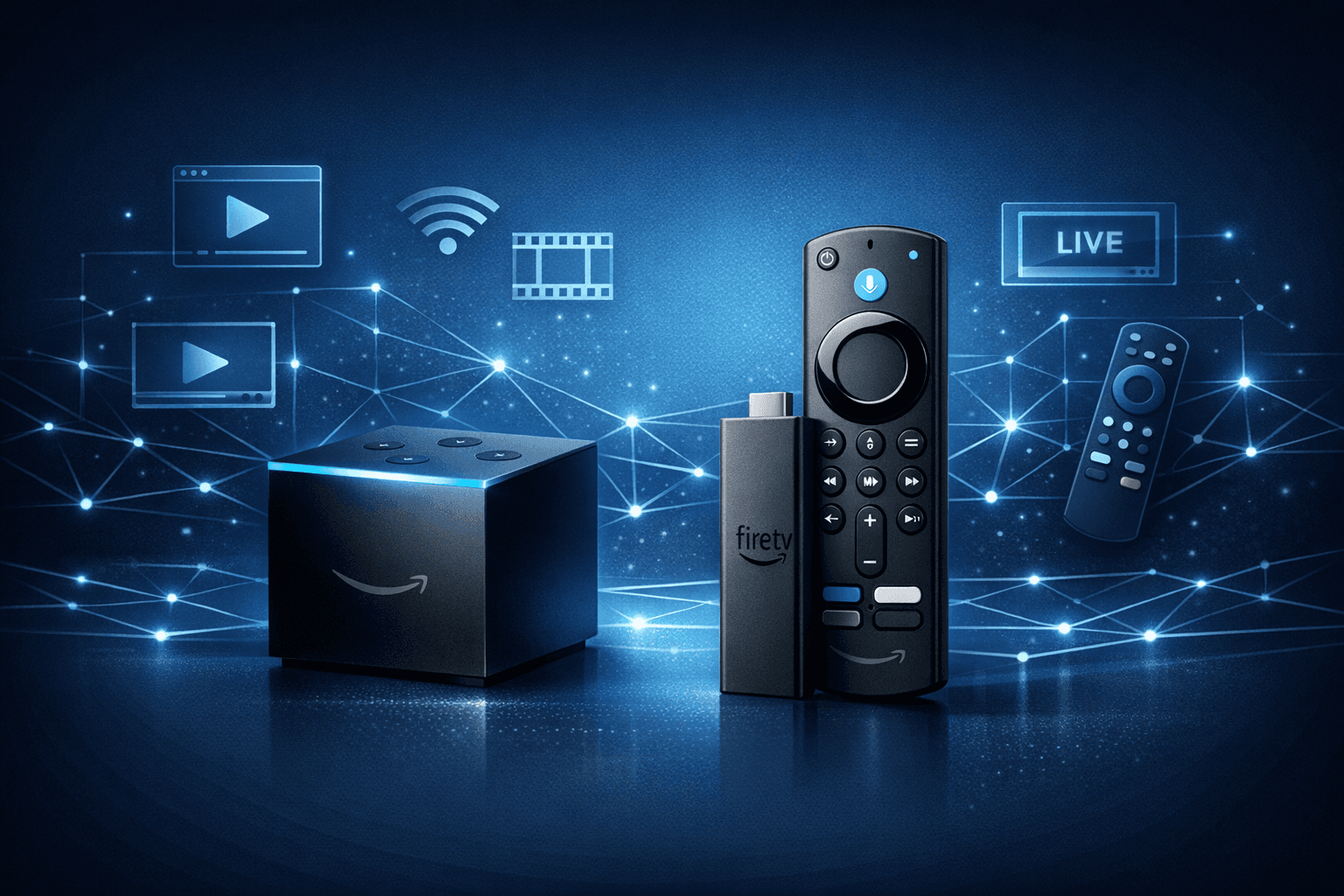 Amazon Fire TV Cube and Fire TV Stick 4K Max devices side by side with IPTV streaming interfaces