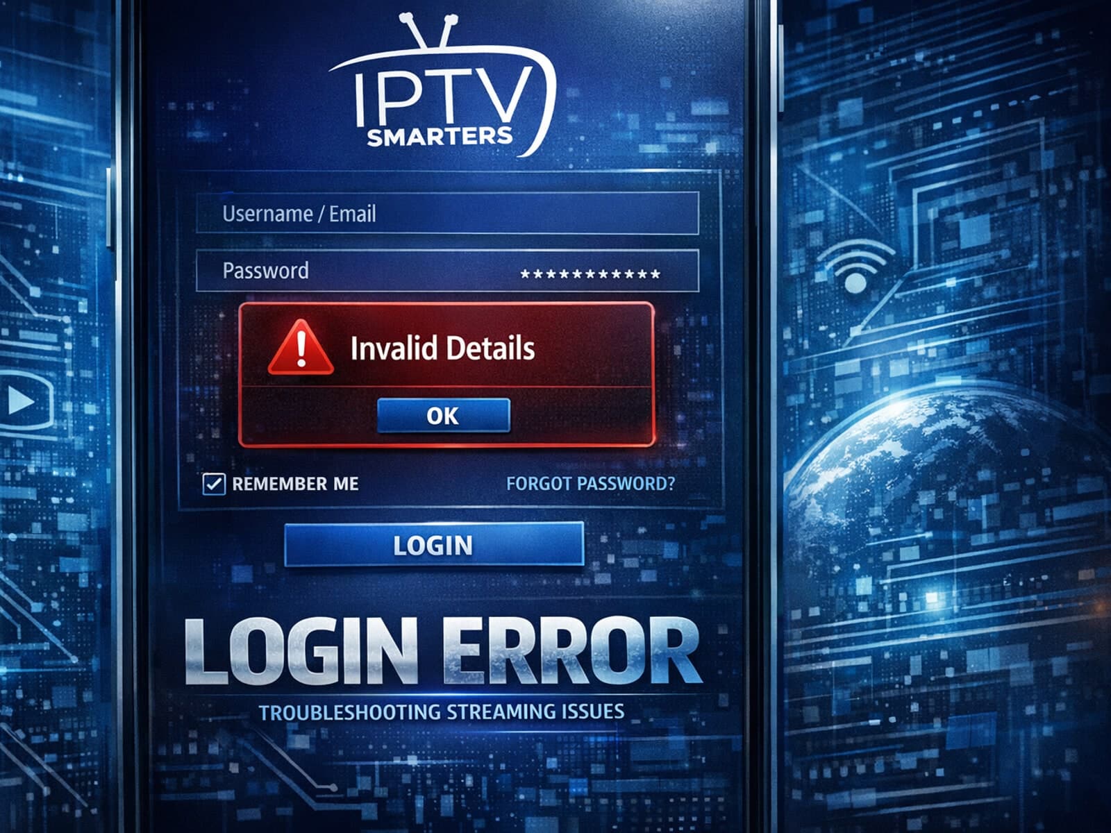 IPTV Smarters app login screen with error message Invalid Details