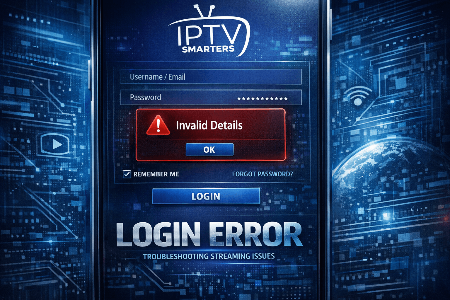 IPTV Smarters app login screen with error message Invalid Details