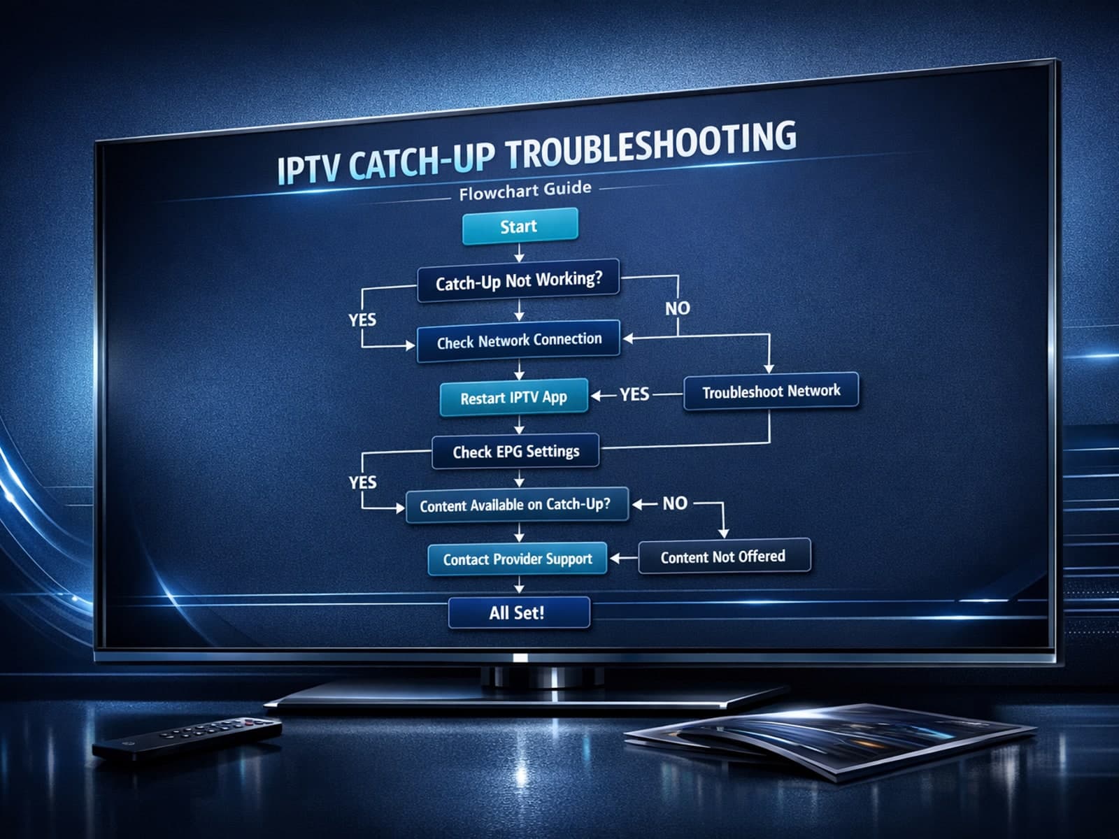Illustration of a TV screen with a flowchart of troubleshooting steps for IPTV catch-up feature on dark blue background
