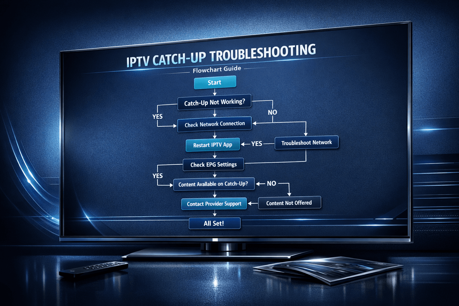 Illustration of a TV screen with a flowchart of troubleshooting steps for IPTV catch-up feature on dark blue background