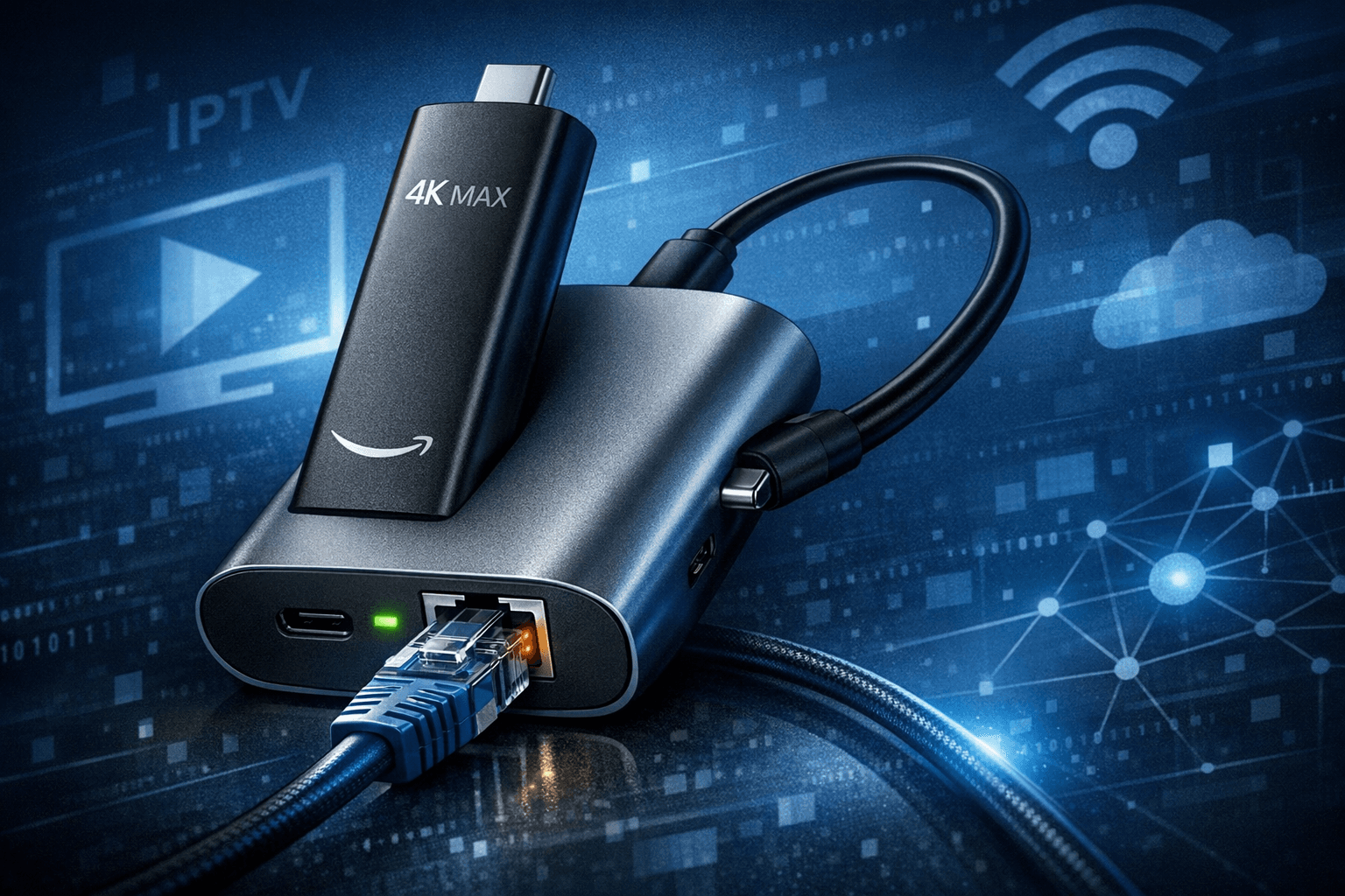 Fire TV Stick 4K Max connected to Ethernet adapter with network cable on dark blue background